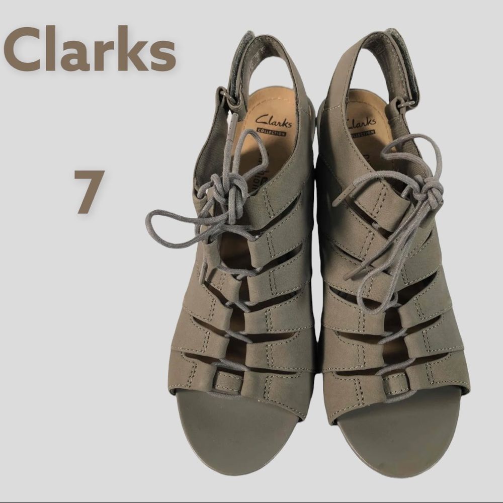 Clarks Sage Leather Open Toe Lace Up Block Heel Banoy Waneta Sandals 7M